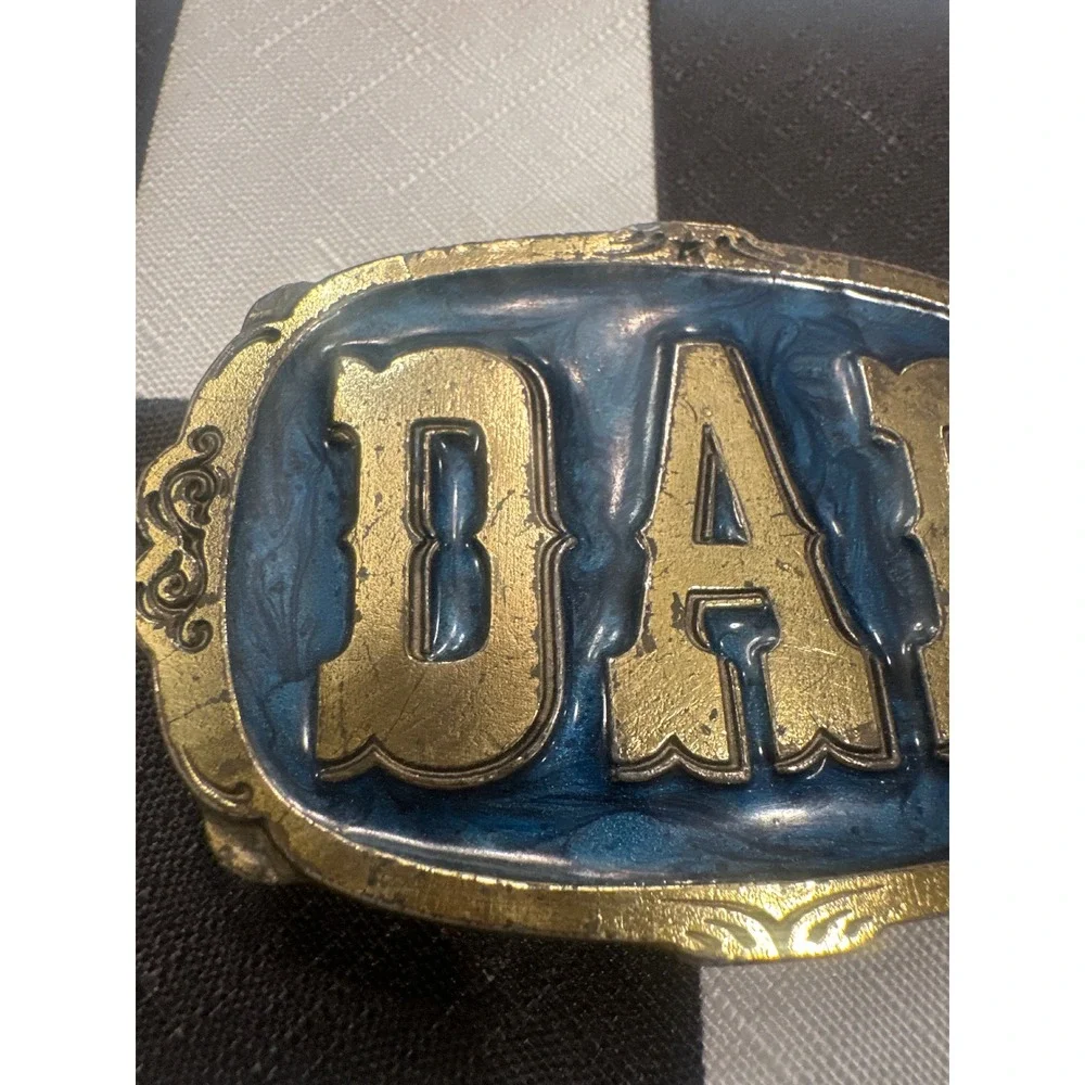 Vintage 1985 Great American Buckle Co DAD Brass Blue western Belt Buckle USA